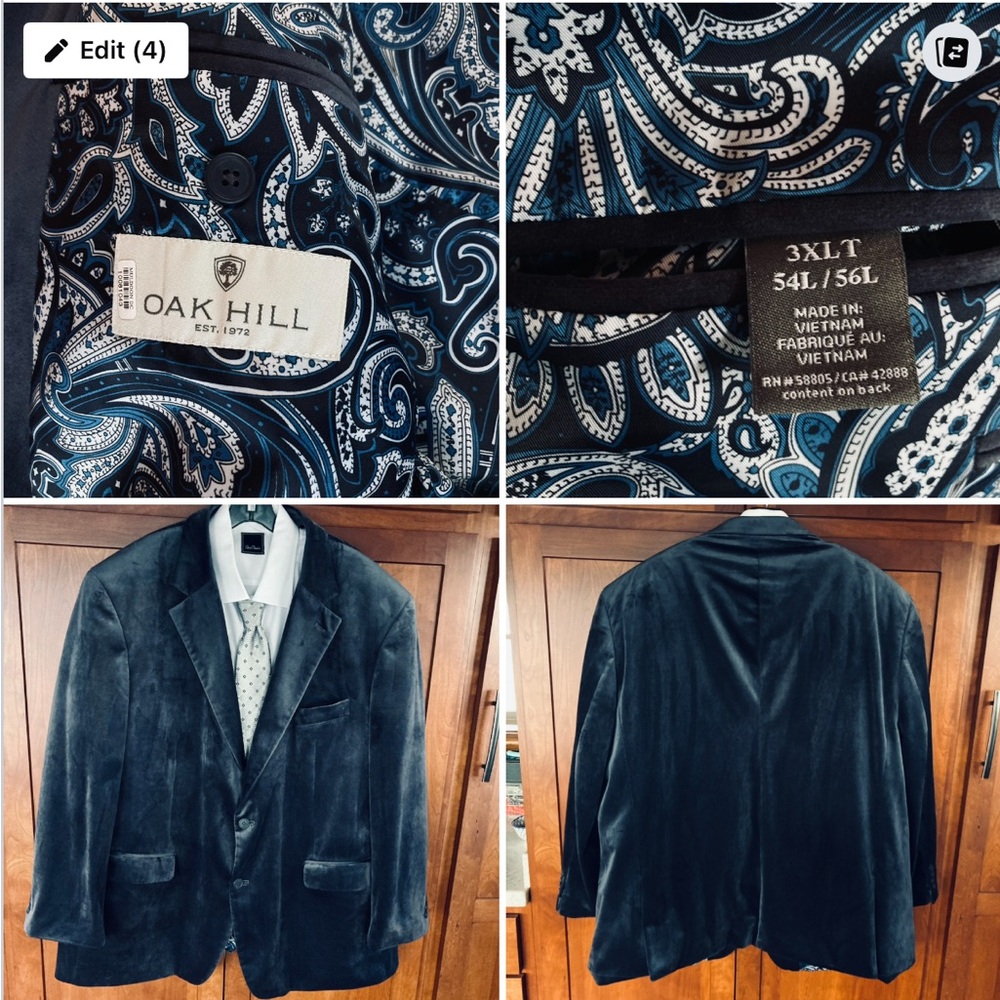 OakHill Velvet Sports Coat. Steel Blue. 3XLTor 54L/56L. Notched Lapel. 2 Buttons